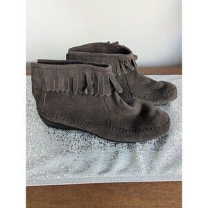 Comfort Ease Boots Women's 11M Kaya Brown Suede Leather Fringe Ankle Shoes NEW